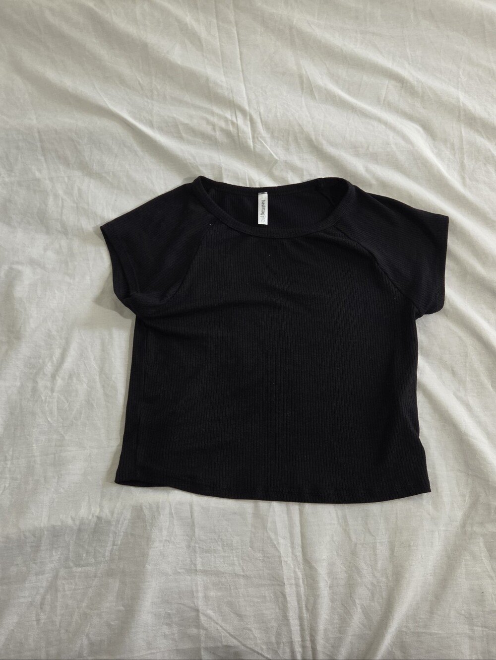 Hashttag Black Ribbed Knit Raglan Cropped Baby Tee Top USA